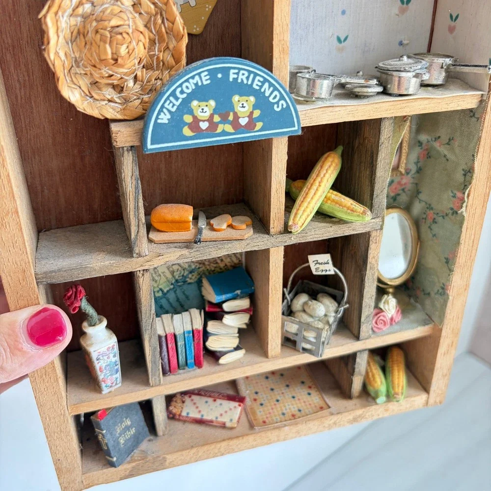 Vintage Wooden Shadow Box Miniature Country Kitchen Diorama Wall Hanging 8.5x7in